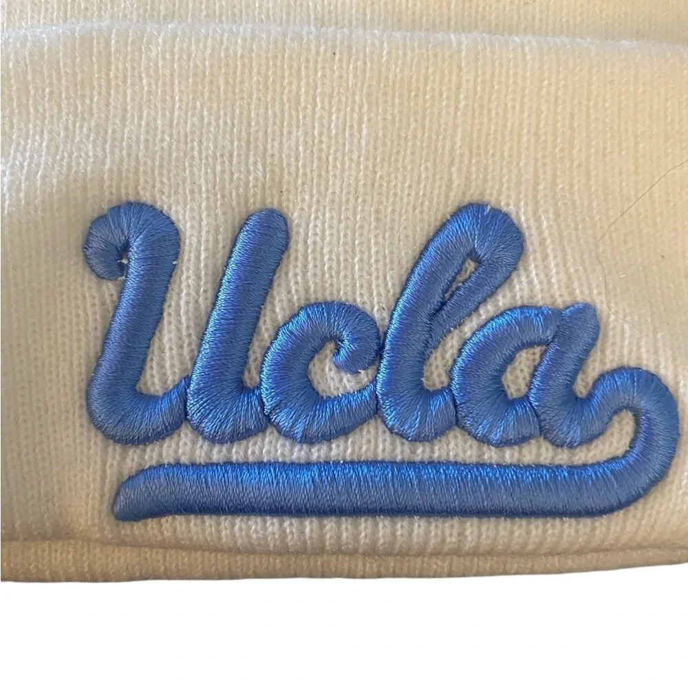 UCLA White Cuffed Ribbed Knit beanie UCLA script logo Light blue embroidered